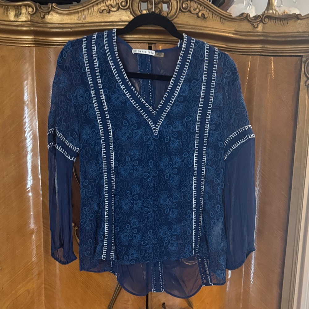 Alice + Olivia Navy Floral Embroidered Semi-Sheer Boho Top